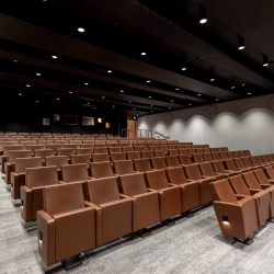 Empty auditorium with rows of brown upholstered seats facing a stage area, lit by ceiling lights.